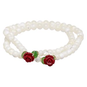 Bracelet, stretch wrap, mother-of-pearl shell (bleached) / glass / resin, multicolored 1pkg1, 5mm round and 8mm rose, 6.5 inches.