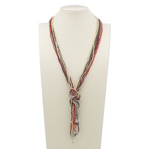Necklace, 11-strand, glass with silver- and gunmetal-plated steel, brown / cream / salmon pink, 34 inches with knot. Sold individually.