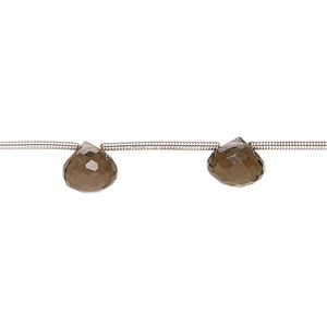 Smoky quartz 1pkg10, hand-cut top-drilled faceted puffed teardrop bead 7x5mm-8x7mm
