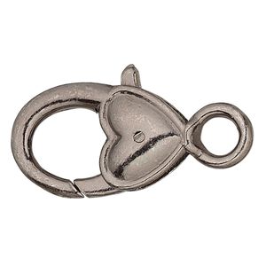 Clasp lobster claw 1pkg6 gunmetal-plated "pewter" (zinc alloy), 21x12.5mm double-sided heart, 1-strand