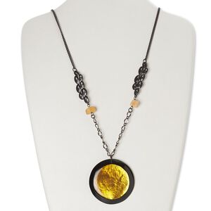 Necklace, quartz / mother-of-pearl shell (dyed / coated) / resin / gunmetal-finished copper 1pkg1, black / yellow / orange, 55mm round, 22 inches with 2-inch extender chain and lobster claw clasp.