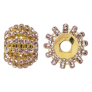 Bead 1pkg1 gold-finished, 25x20mm barrel / 3mm chatons, brass / pink rhinestone
