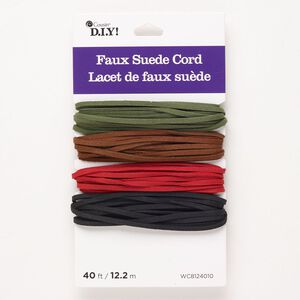 Cord assortment 1pkg4 faux suede, mixed colors, 3mm flat, 10-foot sections.