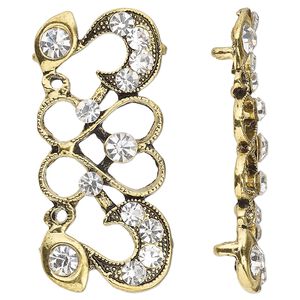 Spacer, antique gold-finished "pewter" (zinc-based alloy) and Czech glass rhinestone, clear, 40x19mm 2-strand fancy rectangle. Sold per pkg of 4.