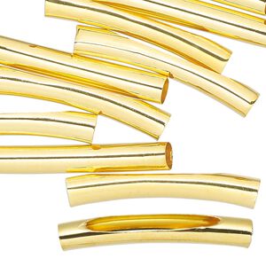 Bead 1pkg10 gold-finished, 32x5mm curved tube / cutout long oval, brass