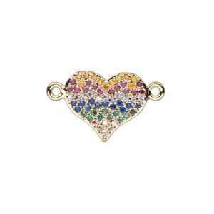 Link, cubic zirconia and gold-finished brass, multicolored, 14.5x12mm single-sided heart. Sold individually.