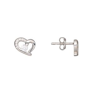 Earstud, Create Compliments&reg;, rhodium-plated sterling silver and cubic zirconia, clear, 10x8.5mm heart. Sold per pair.