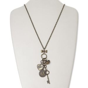 Necklace, glass rhinestone / antique brass-finished brass / steel / "pewter" (zinc-based alloy), 4-1/4 inch dangle with key and heart, 26 inches with 3-inch extender chain and lobster claw clasp. Sold individually.
