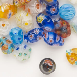 Bead mix, millefiori glass 1pkg2oz, opaque and translucent mixed colors, 3mm-20x16mm mixed shapes.
