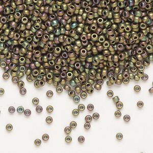 Seed bead, Miyuki, glass, pkg/250g, #11 rocaille, opaque matte metallic iris khaki patina (RR-2069).
