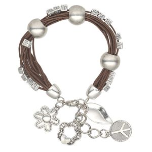 Bracelet, multi-strand, waxed cotton / antique silver-plated steel / "pewter" (zinc-based alloy), silver and brown, 13mm wide, 7 inches with 1-1/2 inch extender chain and lobster claw clasp. Sold individually.