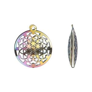 Drop, electro-coated stainless steel, rainbow, 18mm double-sided domed round with textured cut-out kaleidoscope design. Sold per pkg of 6.