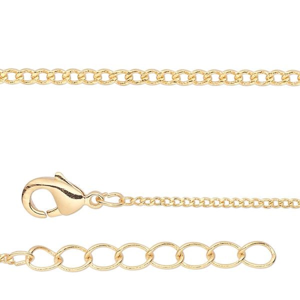 Chain, gold-finished brass, 1mm curb, 18 inches with 1-1/4 inch extender chain and lobster claw clasp. Sold per pkg of 4. image number 0