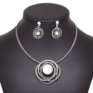 Necklace and earring set, multi-strand, black lip shell (natural) / stainless steel / antique silver-plated brass / steel / "pewter" (zinc-based alloy), 46mm round, 15" to 16" strand necklace with 2-inch extender chain and lobster claw clasp, 35mm earrings with post. Sold per set.