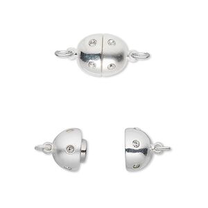 Clasp magnetic 1pkg1 silver-plated, 11x9mm oval, matte / shiny brass / clear cubic zirconia 1-strand