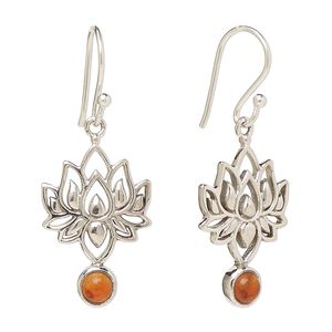 Earring, Create Compliments&reg;, antiqued sterling silver and carnelian (dyed/heated), fishhook, 37.5mm with 22.5 x 14.5mm single-sided lotus, 21 gauge. Sold per pair.