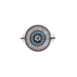 Link, cubic zirconia and black-finished brass, clear / blue / black, 15mm single-sided round. Sold individually.