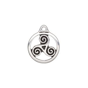 Charm, TierraCast&reg;, antique silver-plated "pewter" (tin-based alloy), 16mm double-sided round with triskele. Sold per pkg of 2.