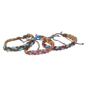 Bracelet, cotton and leather, multicolored, 10mm wide, braided, adjustable from 7-9 inches with macram&eacute; knot closure. Sold per pkg of 3.