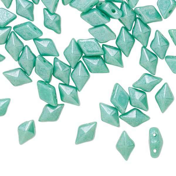 Bead, DiamonDuo&trade;, Czech pressed glass, opaque shimmer green turquoise, 8x5mm faceted diamond with flat back and (2) 0.7-0.8mm holes. Sold per 50-gram pkg, approximately 350 beads. image number 0