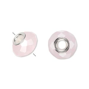 Bead 1pkg6 silver-plated, 14x9mm faceted rondelle, brass / glass / light pink Dione&reg;