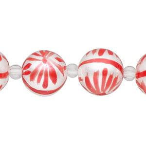 Bead, glass 1pkg8, opaque white and red, 14mm hand-painted round.