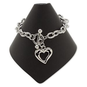 Bracelet, imitation rhodium-plated steel and "pewter" (zinc-based alloy), 22x19.5mm open heart, 7 inches with toggle clasp. Sold individually.