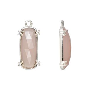 Drop, pink chalcedony (dyed) / cubic zirconia / sterling silver, clear, 21x11mm hand-cut single-sided faceted oval, Mohs hardness 6-1/2 to 7. Sold individually.