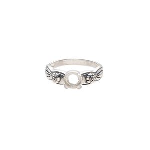 Ring, antiqued sterling silver, 7mm band with flower design and open back with 6mm round cabochon 4-prong setting, size 9. Sold individually.