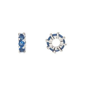 Bead 1pkg2 silver-plated, 10.5x3.5mm rondelle, brass / sapphire cubic zirconia