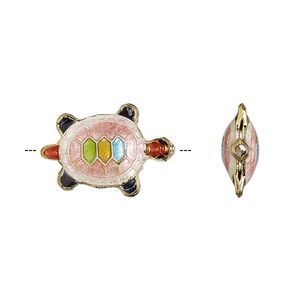 Bead 1pkg4 gold-finished, 20x13mm turtle, copper / enamel / multicolored