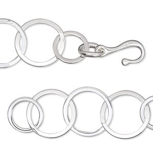 Chain 1pkg1 silver-plated cable, 14mm flat round / hook-and-eye clasp, brass 6.5 inch