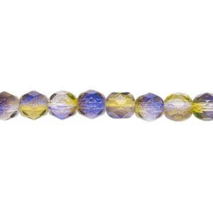 Bead, Czech fire-polished glass, green and purple, 6mm faceted round. Sold per 15-1/2" to 16" strand, approximately 65 beads.