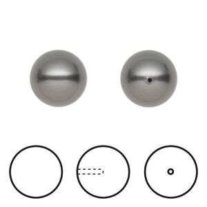 Pearl 100pk dark grey, Swarovski&reg; 12mm half-drilled round 5818