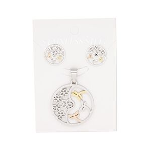 Pendant and earring, stainless steel / copper-plated / gold-finished stainless steel, 32mm round pendant with cutout flower and dragonfly, 15mm round with cutout flower and dragonfly with post. Sold per set.