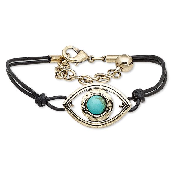 Bracelet, 2-strand, magnesite (dyed / stabilized) / leather (dyed) / antique gold-finished steel / "pewter" (zinc-based alloy), black and turquoise blue, 30x20mm marquise, 7 inches with 2-inch extender chain and lobster claw clasp. Sold individually. image number 0