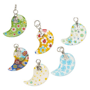 Drop mix, millefiori glass and silver-finished steel 1pkg6, opaque to transparent mixed colors 23x18mm-24x20mm paisley.