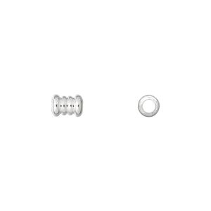 Bead 1pkg100 silver-plated, 6.5x4.5mm ribbed tube, brass