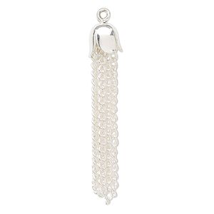 Focal, silver-plated steel, 39x8mm chain tassel. Sold per pkg of 10.