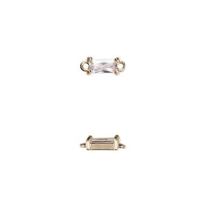 Link, glass and gold-finished brass, clear, 7.5x4mm faceted rectangle. Sold per pkg of 10.