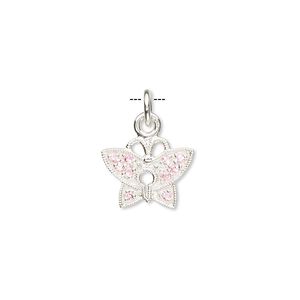 Charm, sterling silver and cubic zirconia, pink, 13x11mm butterfly. Sold individually.