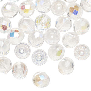 Bead, Czech fire-polished glass 1pkg50, clear AB, 8mm faceted round.