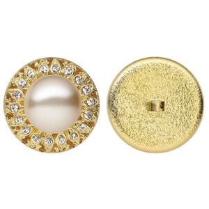 Clasp, button, gold-finished "pewter" (zinc-based alloy) / glass / acrylic pearl, cream and clear, 27mm fancy round. Sold individually.