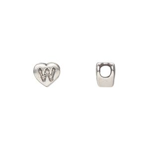 Bead 1pkg1 sterling silver, 7.5x7mm heart / letter W, antiqued Dione&reg;
