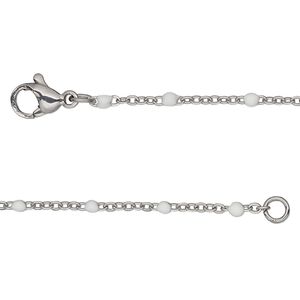 Chain 1pkg1 cable, 1.7mm flat / 2mm ball / lobster claw clasp, stainless steel / white enamel 16 inch