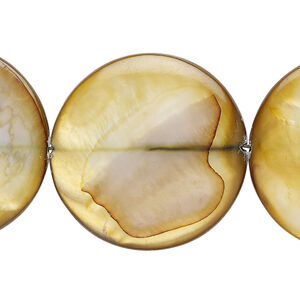 Mother-of-pearl shell 1pkg1, puffed flat round bead 15 inch golden brown 29-30mm
