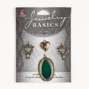 Focal and drop assortment 1pkg4, antique gold-finished brass / enamel / glass, brown / green / peach, assorted sizes and shapes.
