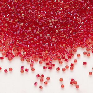 Seed bead, Delica&reg;, glass, pkg/7.5g, #11 round, translucent scarlet-lined luster crystal clear (DB-2374).