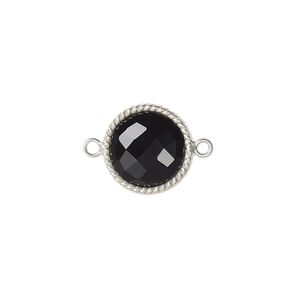 Link, black onyx (dyed) and sterling silver, 14-16mm hand-cut double-sided faceted round with twisted wire design. Sold individually.