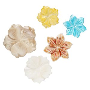 Bead / focal / component mix, mother-of-pearl shell (natural / bleached / dyed / coated) 1pkg5, mixed colors, 24x23mm-37x35mm top- / center- / undrilled carved flower.